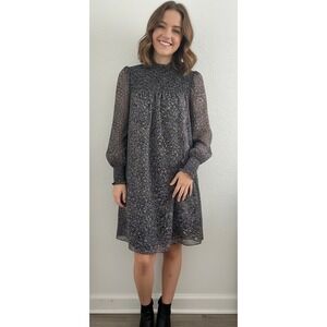 Boden Smocked Yoke Mini Dress US Womens 12R Ditsy‎ Floral High Neck Dark Cottage